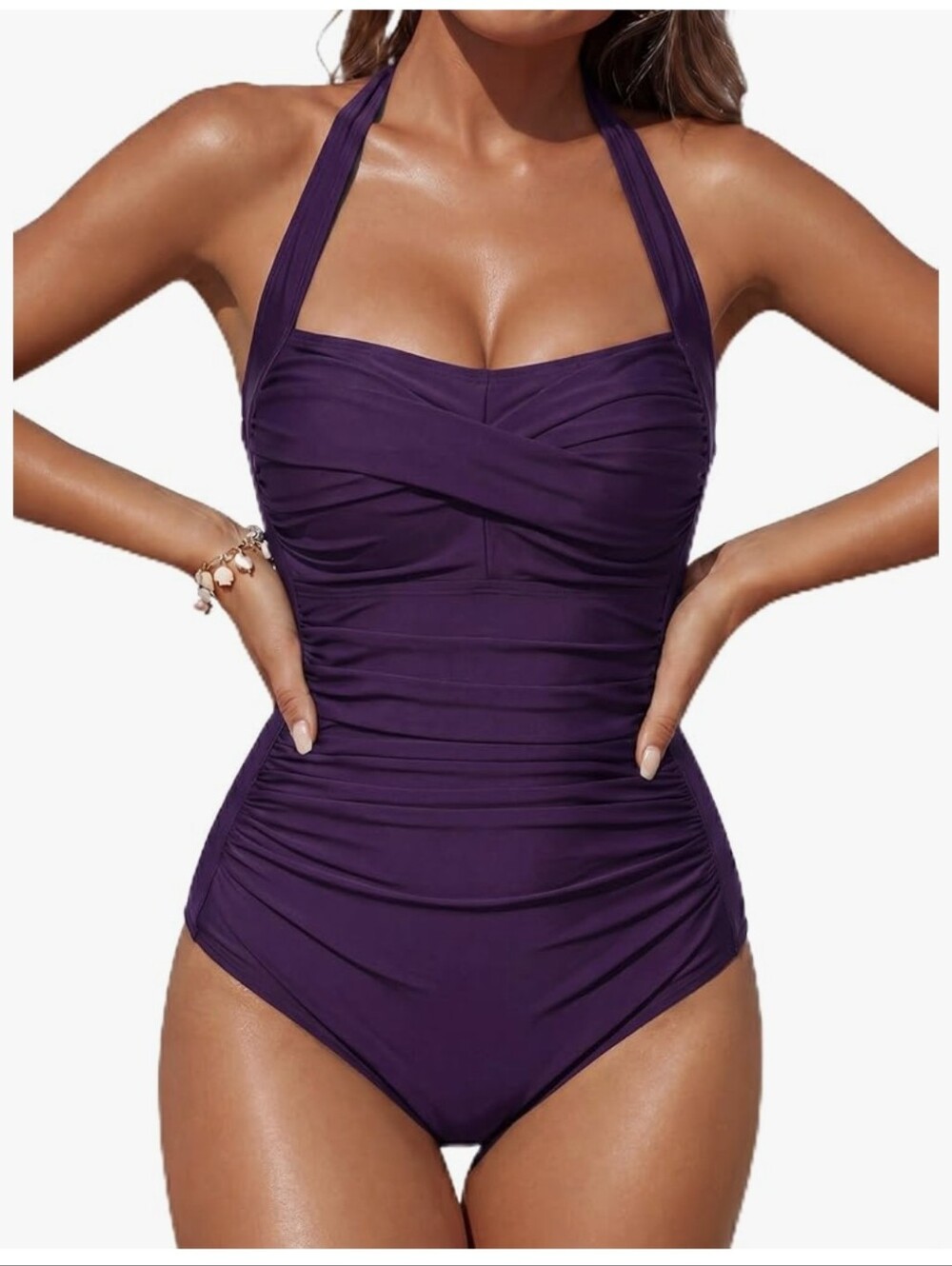 Purple Halter One-Piece Ruched  Swimsuit Sz.L NWT